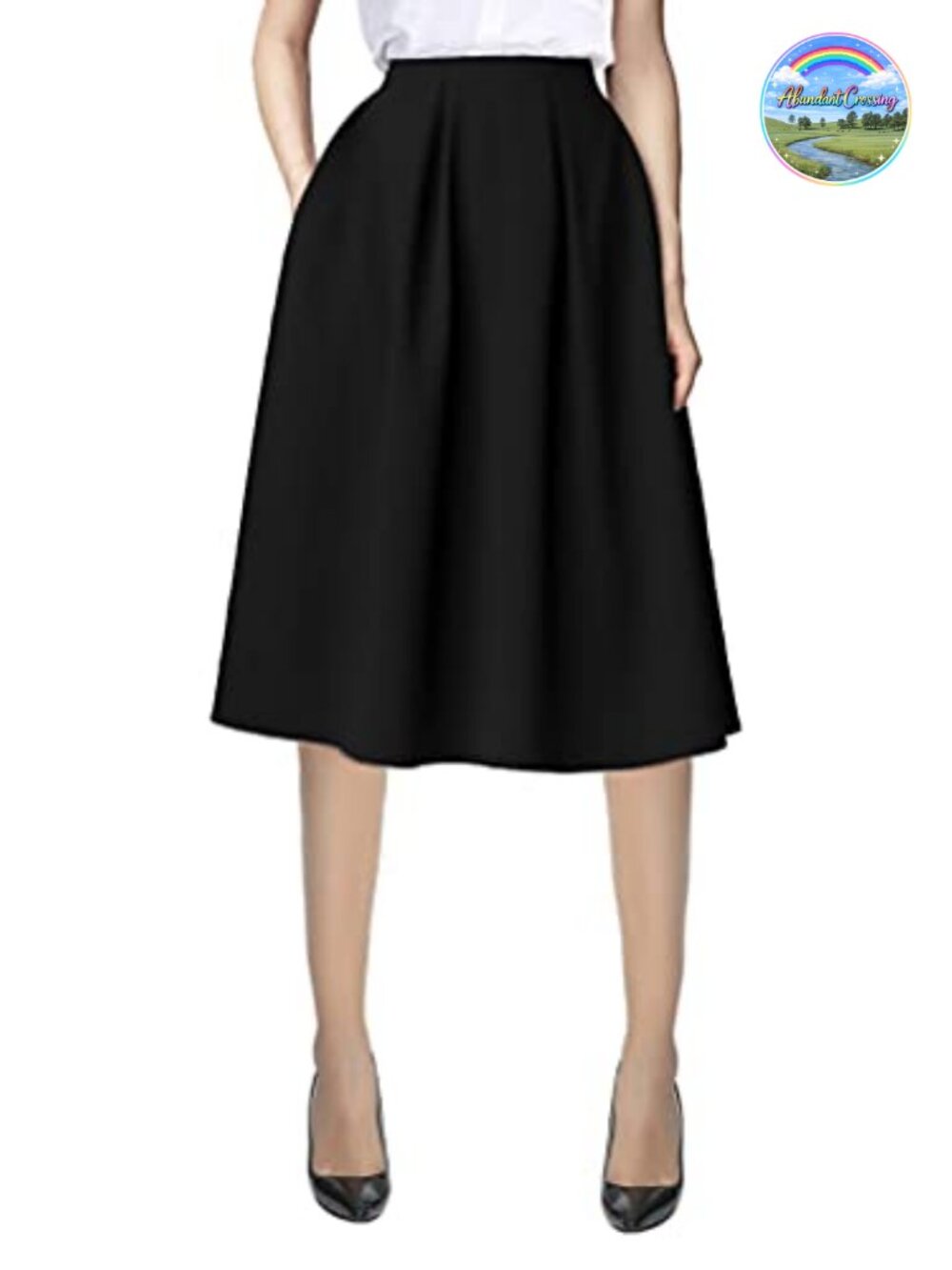 Women's A-Line Knee Length Midi Skirt with Pockets Elastic High Waist